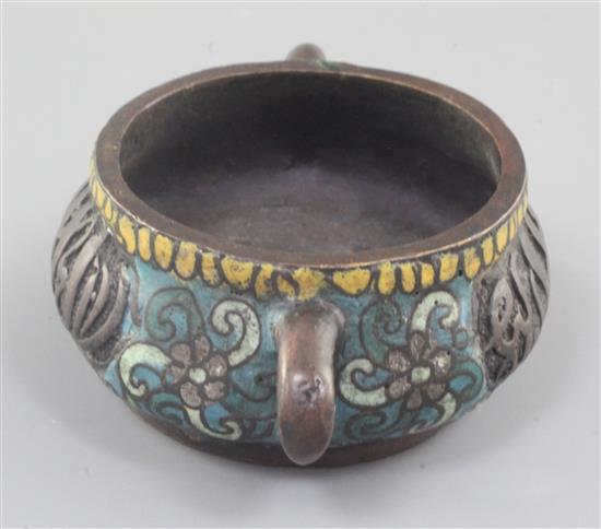 A Chinese bronze and champleve enamel two handled censer, width 11cm